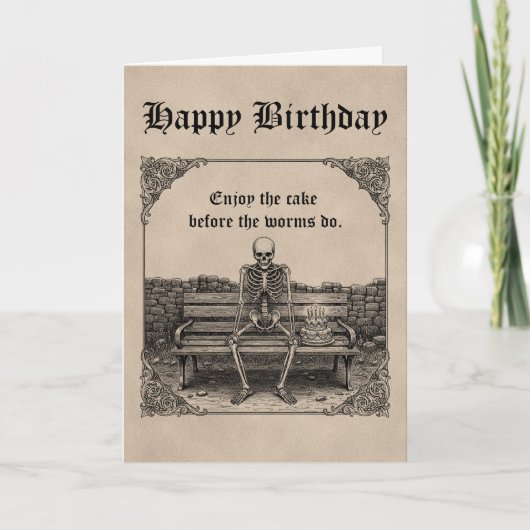 Sad Skelton on Bench Funny Gothic Custom Birthday カード (正面)