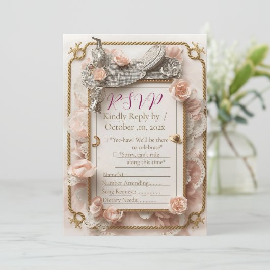 Saddle & Sparkle – Western Wedding RSVP Card (スタンド正面)