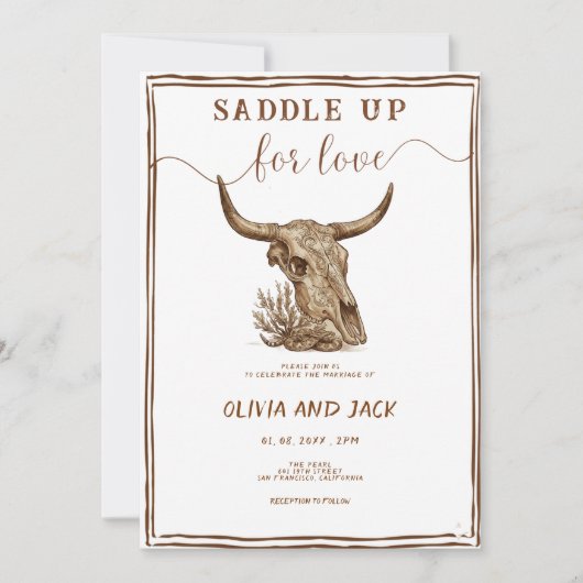 Saddle Up for Love Western Ranch Cow Skull Wedding 招待状 (正面)