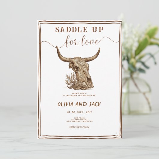 Saddle Up for Love Western Ranch Cow Skull Wedding 招待状 (スタンド正面)