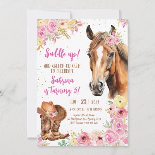 Saddle Up Horse Cowgirl Birthday Invitation 招待状 (正面)