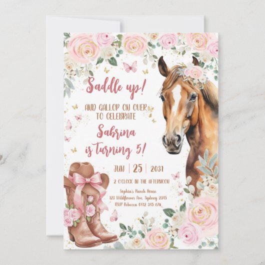 Saddle Up Horse Cowgirl Birthday Invitation 招待状 (正面)