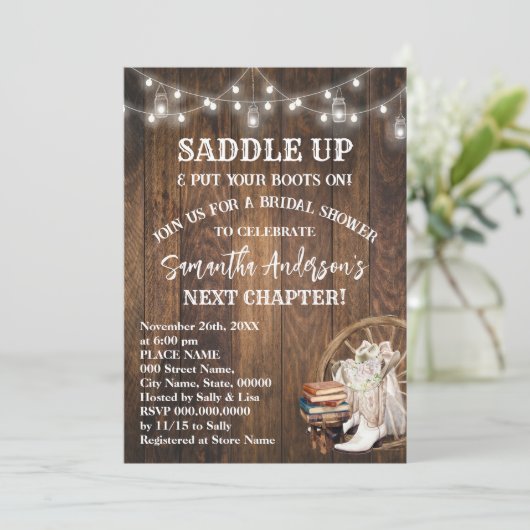 Saddle Up Put Your Boots & Books Bridal Shower 招待状 (スタンド正面)