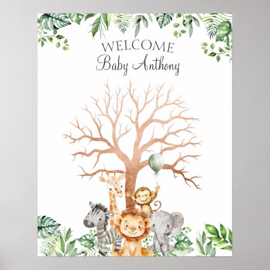 Safariをテーマにした男の赤ちゃんシャワー指紋ツリー ポスター (正面)