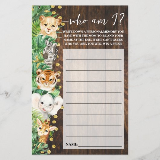 Safari素朴 Who am I Baby Shower Game Card チラシ (正面)