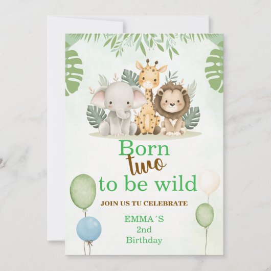 Safari 2nd Birthday Invitation | Born Two Be Wild 招待状 (正面)