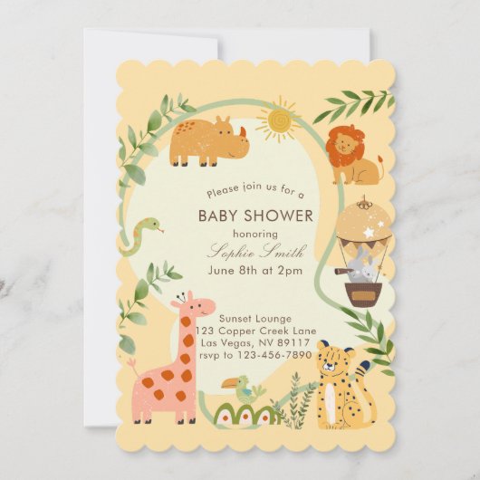 Safari Adventure Awaits Baby Shower scalloped 招待状 (正面)