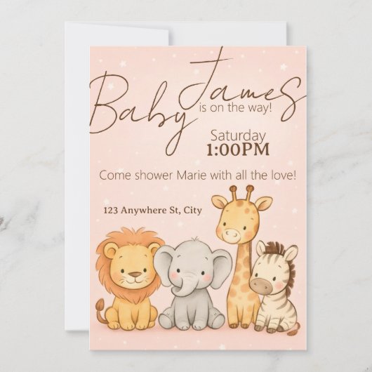Safari Animal Baby Shower or Birthday Invitation 招待状 (正面)