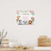 Safari Animal Pinkフローラ1st誕生日へようこそ ポスター (キッチン)