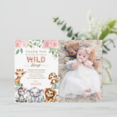 Safari Animal Wild Oneフローラ1stバースデーフォト サンキューカード (スタンド正面)