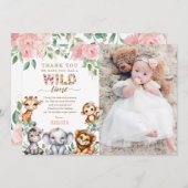 Safari Animal Wild Oneフローラ1stバースデーフォト サンキューカード (正面/裏面)