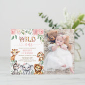 Safari Animal Wild Oneフローラ1stバースデーフォト 招待状 (スタンド正面)