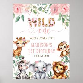 Safari Animal Wild Oneフローラ1st Birthday Welcome ポスター