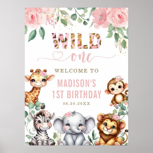 Safari Animal Wild Oneフローラ1st Birthday Welcome ポスター (正面)