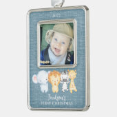 Safari Animalsベビーの初めてのクリスマス写真 シルバープレートフレームオーナメント (左)