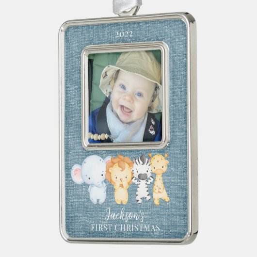 Safari Animalsベビーの初めてのクリスマス写真 シルバープレートフレームオーナメント (左)
