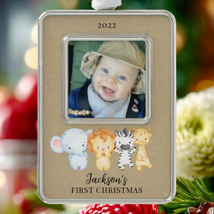 Safari Animalsベビーの初めてのクリスマス写真 シルバープレートフレームオーナメント