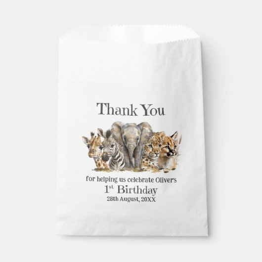 Safari Animals 1st誕生日パーティーありがとう フェイバーバッグ (正面)