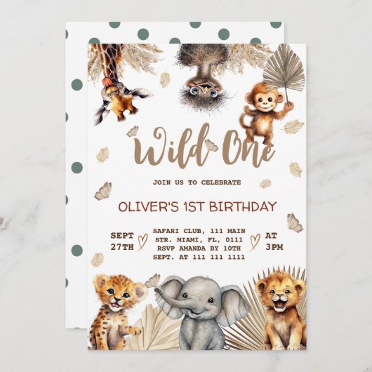 Safari Animals 1st Birthday 招待状 (正面/裏面)