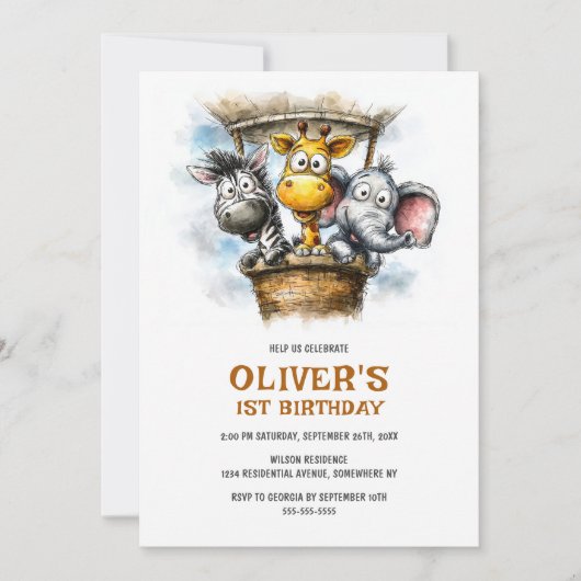 Safari Animals 1st Birthday Party Invitation 招待状 (正面)