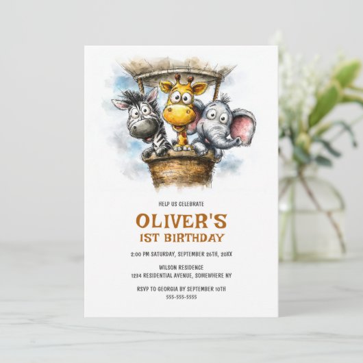 Safari Animals 1st Birthday Party Invitation 招待状 (スタンド正面)