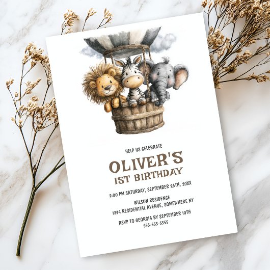 Safari Animals 1st Birthday Party Invitation 招待状