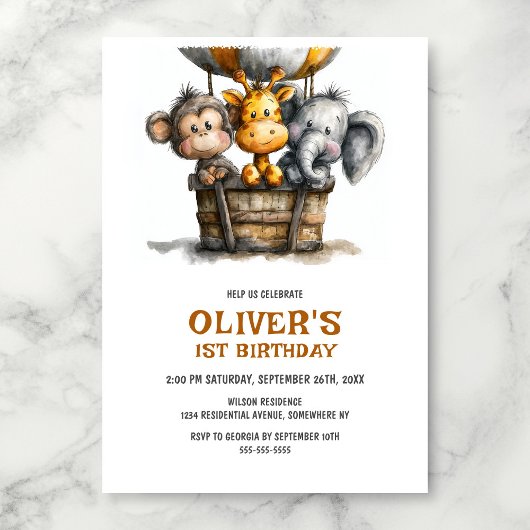 Safari Animals 1st Birthday Party Invitation 招待状