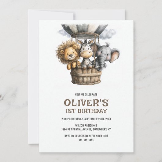 Safari Animals 1st Birthday Party Invitation 招待状 (正面)