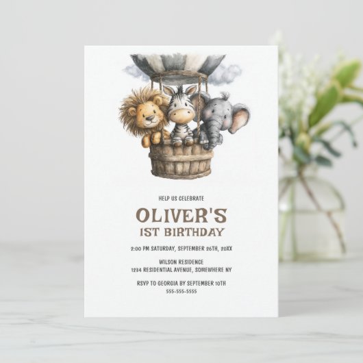 Safari Animals 1st Birthday Party Invitation 招待状 (スタンド正面)