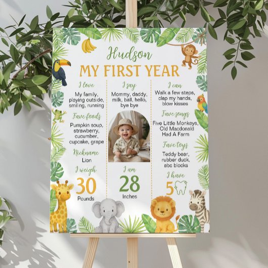 Safari Animals 1st Birthday Photo Milestone Sign ポスター