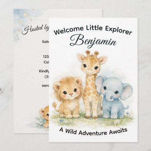 Safari Animals Baby Boy Adventure Shower        招待状 (正面/裏面)
