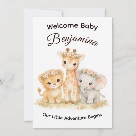 Safari Animals Baby Girl Floral Crown Shower 招待状 (正面)