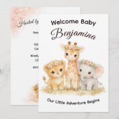 Safari Animals Baby Girl Floral Crown Shower 招待状 (正面/裏面)