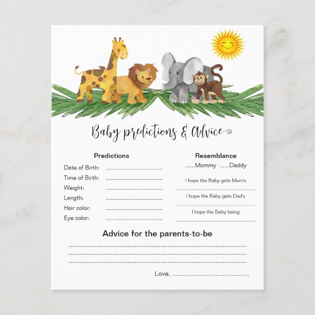 Safari Animals Baby Predictions Best Shower Game (正面)