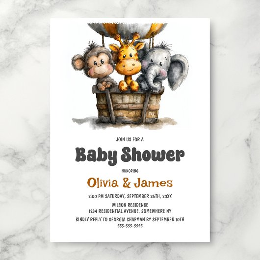 Safari Animals Baby Shower 招待状