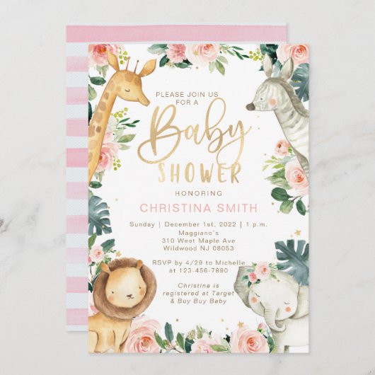 Safari Animals Baby Shower Invitations for Girls 招待状 (正面/裏面)