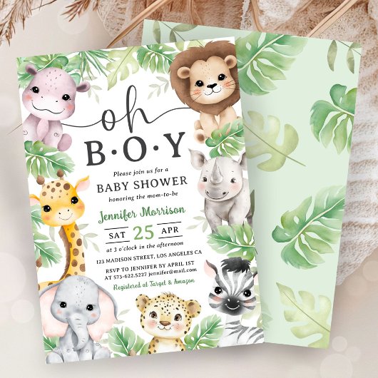 Safari Animals Baby Shower Oh Boy Tropical Jungle 招待状