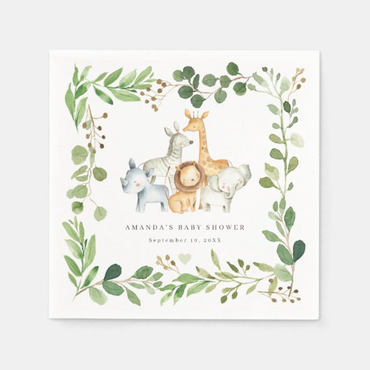 Safari Animals Baby Shower Party Paper Napkins スタンダードカクテルナプキン (正面)