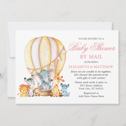 Safari Animals Balloon Pink Baby Shower by Mail 招待状 (正面)