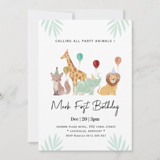 Safari Animals Birthday party 招待状 (正面)