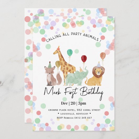 Safari Animals Birthday party 招待状 (正面/裏面)