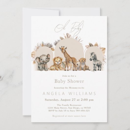 Safari Animals Boho Baby Shower with Book Request 招待状 (正面)