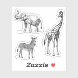 Safari Animals Elephant Giraffe Zebra Vintage Look シール