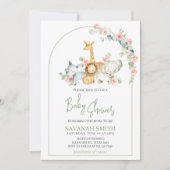 Safari Animals Floral Baby Shower 招待状 (正面)