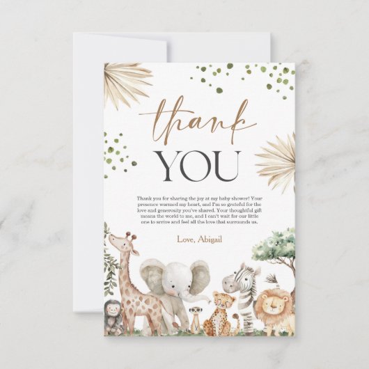 Safari Animals Gender Neutral Baby Shower サンキューカード (正面)