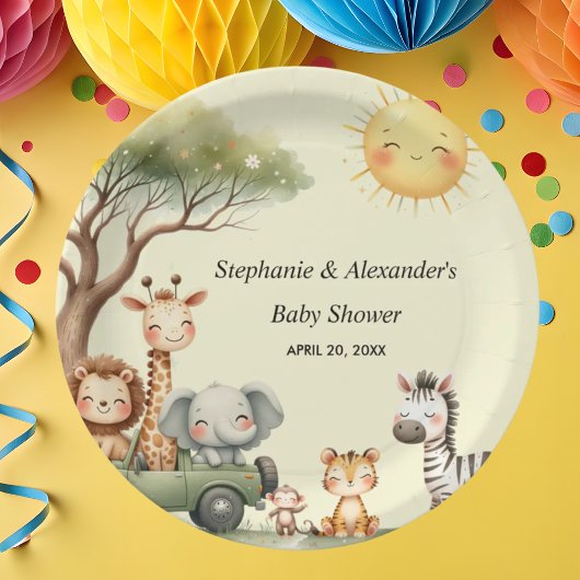 Safari animals gender neutral baby shower round ペーパープレート