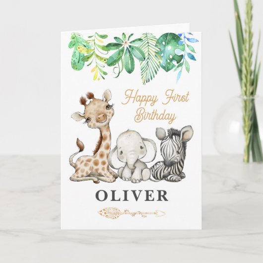 Safari Animals Happy 1st Birthday Greeting カード (正面)