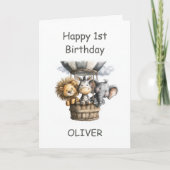 Safari Animals in Hot Air Balloon 1st Birthday カード (正面)