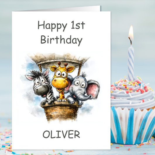 Safari Animals in Hot Air Balloon 1st Birthday カード