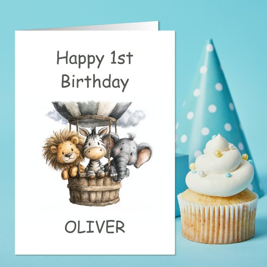 Safari Animals in Hot Air Balloon 1st Birthday カード